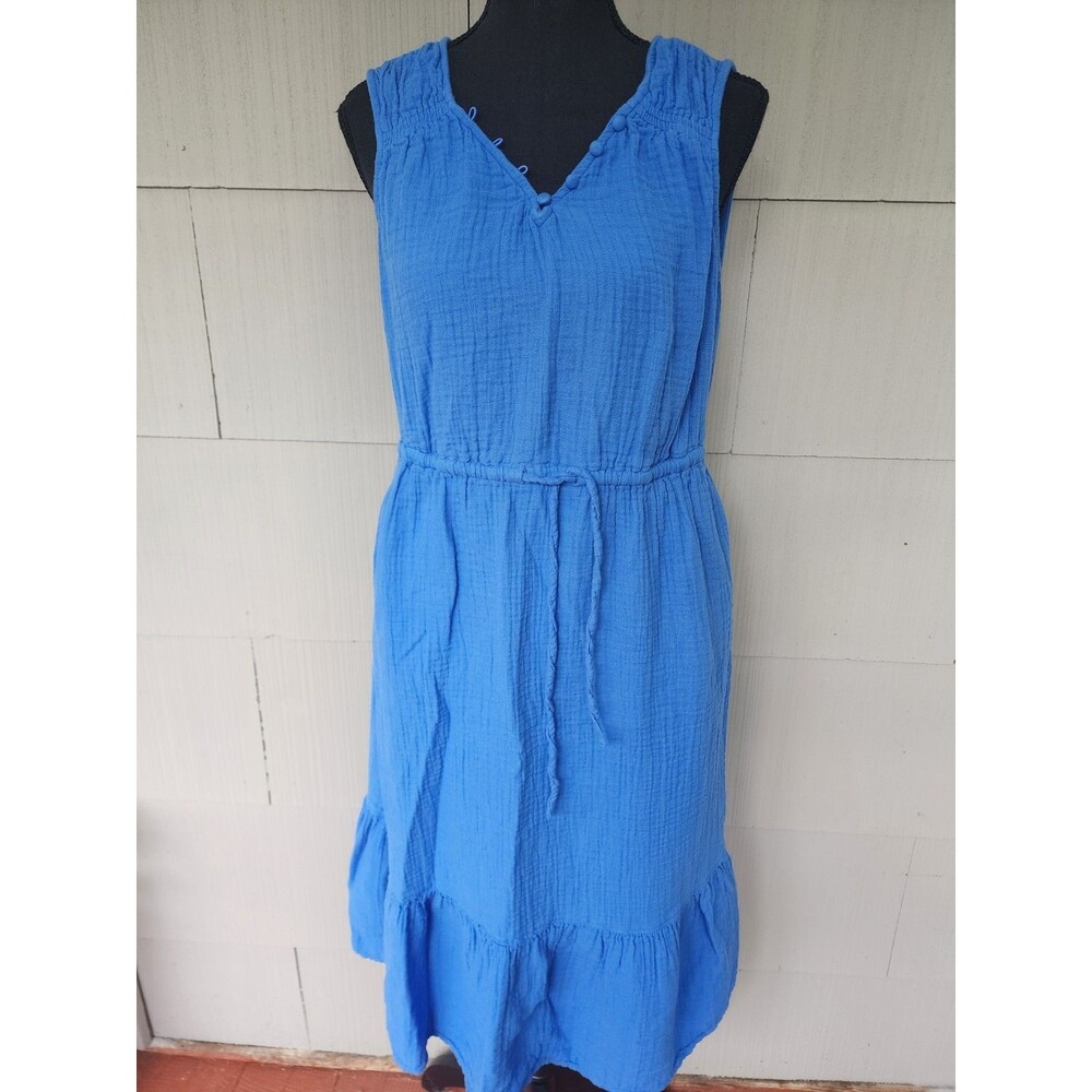 Time & Tru Midi Dress Women's Blue Cotton Medium M (8-10) Drawstring Pockets